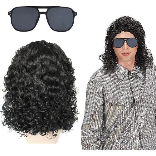 Anwxai-Perruque Homme,Perruque Disco,Perruques Bouclée Annee 80,Rock Star Hippie Perruques,Lunette De Soleil,Hippie Deguisement Wig Set Pour Annees 70 80 Costume Halloween Carnaval Fête À Thème