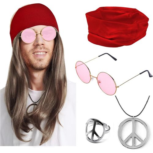 Anwxai-5 Pièces Perruque Hippie,Deguisement Hippie Deguisement Annees 80 70 60s,Deguisement Disco,Perruque Ensemble De Costume Hippie,Fête À Thème,Carnaval