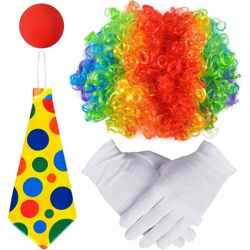 anwxai-Costume Clown Accessoires Clown Perruque Clown Curl + Nez De Clown + Cravate Colorée + Gants + Pastel,Costume Carnaval Deguisement Halloween Déguisement Carnaval Homme Femme Enfant Garçon