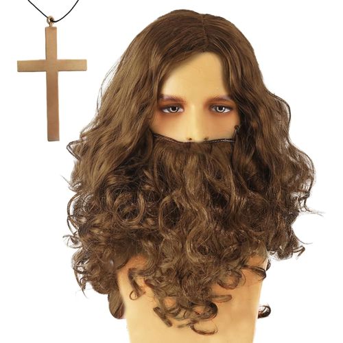 Anwxai-Perruque Avec Barbe Brune Et Ucollier Croisé,Longue Perruque Pour Hommes & Femmes Sorcier Magicien Perruque Pour Halloween Carnaval Déguisement Fête Cosplay Perruque Adulte(Marron) 
