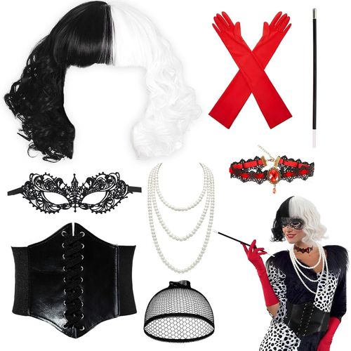 Anwxai-Perruque Cruella,7 Pièces Déguisement Cruella Halloween Cosplay,Années 1970 Accessoires Perruque Cruella Femme Adulte Avec Gants Rouges Vintage Pour Halloween Carnaval Cosplay 