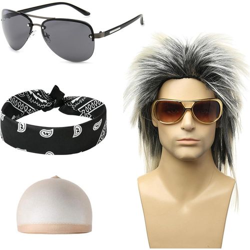 Anwxai-4pcs Grise Perruque Mulet Avec Bandeau Noire Lunettes De Soleil,Déguisement Année 70 80 90,Deguisement Disco Homme Femme Perruque Punk Pour Halloween Fête Carnaval Cosplay Maquillage 