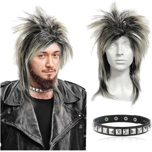 Anwxai-Perruque À Mulet Pour Homme Et Femme,Rétro 80 Perruque Glam Rock,Punk Metal Rocker Perruque Hippie Perruque Pour Halloween Carnavals Déguisement Fête Cosplay Soirée À Thème(Blond) 