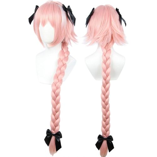 Anwxai-Longue Rose Cosplay Perruque Avec 3 Bowknot Halloween Costume Perruque Pour Femmes Tresse Cheveux 95cm 