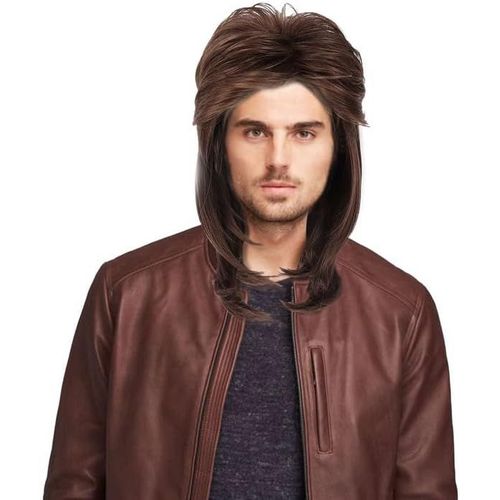 Anwxai-Perruque Année 80 /Année70 Mulet Perruque Soirée Déguisée,Brune Déguisement Homme Perruque Mullet,Marron,Cheveux Artificiels,Rock Star,Accessoire,Soirée À Thème,Carnaval