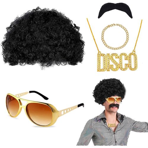 Anwxai-5 Pièces Ensemble De Costume Hippie,Hippie Perruque Set,Perruque Afro,Perruque Homme Annee 80,Accessoires Hippie,Pour 60's 70's 80's Hippie Costume Disco Thème Partie 