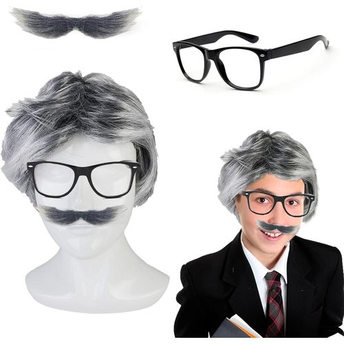Anwxai-Costume De Grand-Père Perruque Enfant Adulte,Cosplay Perruque Vieil Homme,Lunettes Moustache Deguisement Grise Perruque Pour Homme Femmes Filles Halloween Fête Carnaval Cosplay Maquillage 