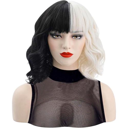 Anwxai-Perruque Femmes Halloween Carnaval Perruque Noir Blanche,2pcs Moitié Noir Moitié Blanc Cosplay Perruque,Perruque Bob Perruque Avec Filet À Perruque Pour Cospaly Noël Party Déguisements 