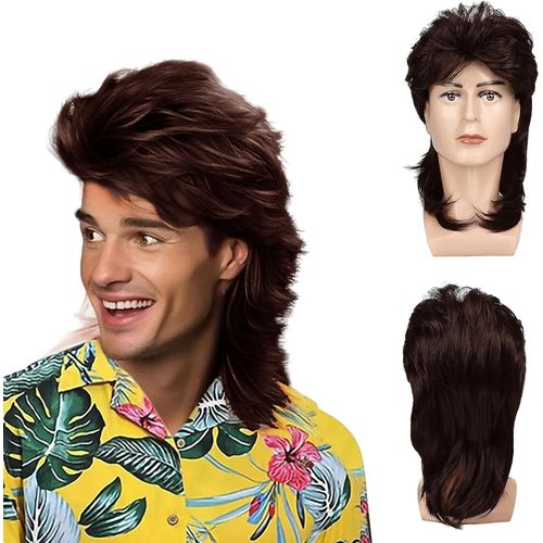 Anwxai-Longue Brun Mulet Perruque Homme Des Années 80 Perruque Rock Cheveux,Popstar Perruque Rocker Perruque Disco 70s 80s Déguisement Homme Perruque Pour Carnaval Halloween Thème Cosplay(Brun)
