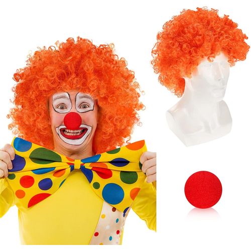 Anwxai-Perruque Afro,Perruque De Clown Style Hair Unisexe Carnaval Cosplay Tête Bouclée Perruque Curl Clown Perruque Afro Cheveux Artificiels Bouclés Halloween,Avec Nez En Mousse Rouge,Orange