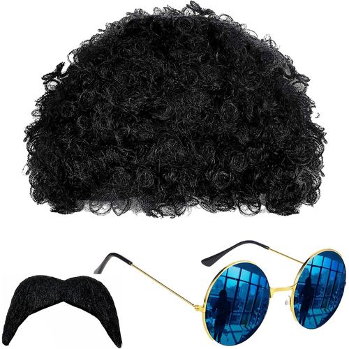 Anwxai-Costume Hippie 3 Pièces,Déguisement Des Années 70,Perruque Afro Funky,Lunettes De Soleil,Moustache,Costume Hippie Disco Années 70,80,Déguisement Hippie Pour Fête Sur Le Thème Des Années