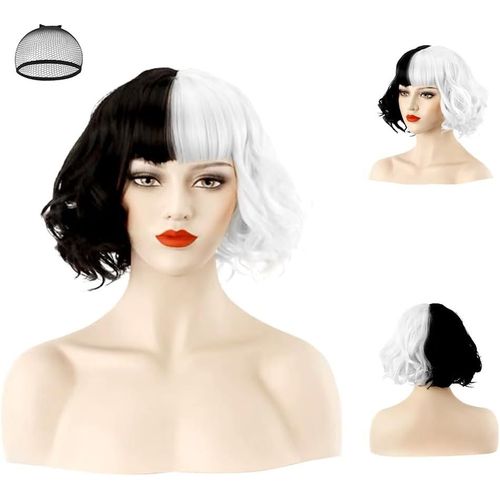 Anwxai-Perruque Femmes Halloween Carnaval,Noir Moitié Blanc Court Cosplay Perruque,Perruque Courte Bouclée Pour Cospaly Halloween Party Déguisements 