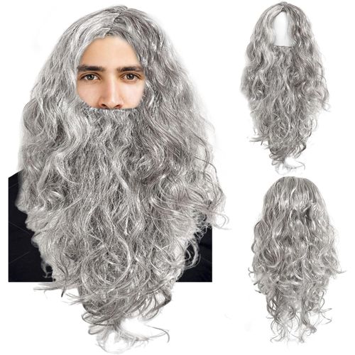 Anwxai-Perruque Avec Barbe Gris Longue Perruque Pour Hommes & Femmes Sorcier Magicien Perruque Pour Halloween Carnaval Déguisement Fête À Thème Cosplay Perruque Adulte(Gris) 
