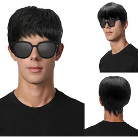 Anwxai-Noir Courte Perruque Pour Homme Postiche Naturelle Moelleuse,Noir Couche Vague Perruques Pour Hommes Avec Frange Disco Perruque Punk Rock Halloween Cosplay Costume De Fête Quotidien(Noir)