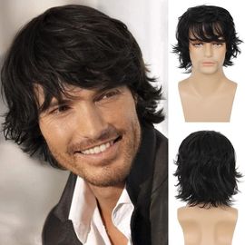Anwxai-Perruque Pour Homme Noir Cheveux Courts Et Ondulés Avec Frange Synthétique Pour Cosplay