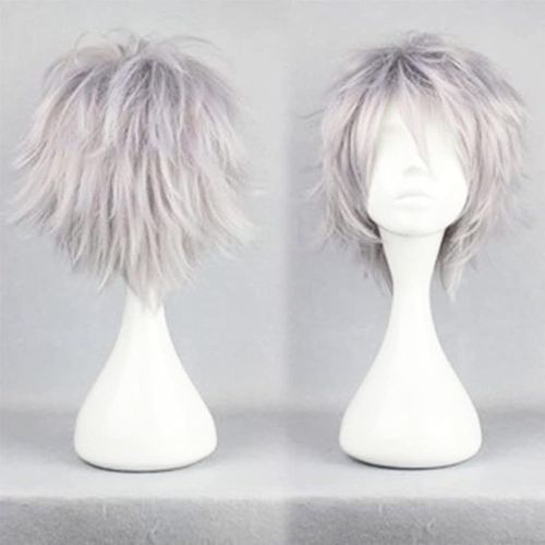 Anwxai-Perruque Femme Court Gris Argenté Perruque Homme Naturelle Anime Cosplay Wig 30cm Unisexe Duveteux Party Halloween Perruque Carnival Costume 