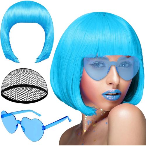 Anwxai-Bleu Ciel Bob Perruque Et Lunettes De Soleil,Neon Short Bob Perruque Lunettes De Soleil Costume Coloré Perruque Cosplay Postiches Pour Bachelorette Neon Party Favors,Décorations D'halloween 