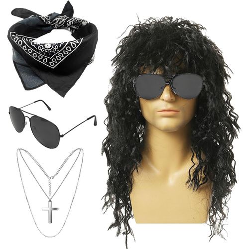 Anwxai-Lot De 4 Perruques Disco Des Années 60,70,80 Pour Adultes,Costume Hippie,Perruque Bouclée,Lunettes De Soleil,Bandana,Collier,Lunettes De Soleil,Perruque À Bascule Pour Fête À Thème, 