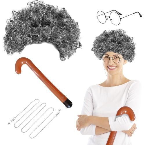 Anwxai-Perruque Grise Et Bouclée Avec Lunettes Bâton De Marche,Perruque Femme Perruque Grise Grand Mère Perruque Pour Halloween Cosplay Fêtes À Thème Carnaval Déguisement Accessoire(Gris) 