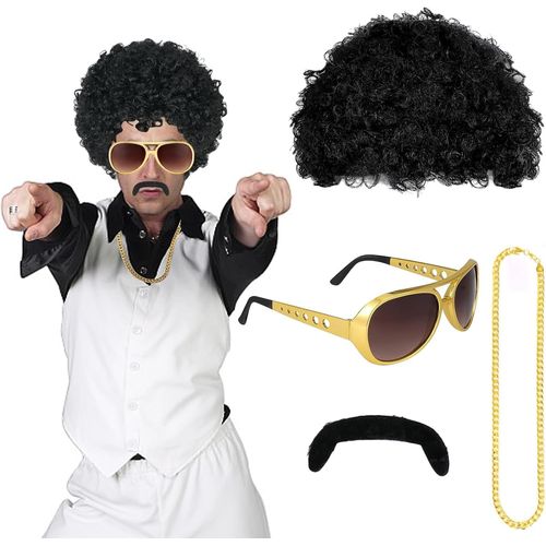 Anwxai-Deguisement Hippie Pour Homme-Ensemble 4 Pièces Années 70 & 80 Avec Perruque Afro,Lunettes,Collier,Moustache-Déguisement Adulte Pour Carnaval,Disco,Fêtes À Thème,Halloween