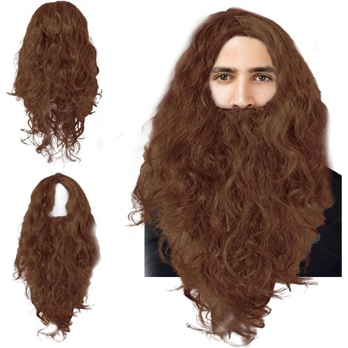 Anwxai-Perruque Avec Barbe,Brun Perruque Pour Hommes Femmes Prophète Sadhu Guru Jesus Hipster Viking Barbare Perruque Sorcier Perruque Pour Halloween Déguisement Cosplay Perruque Adulte(Marron)