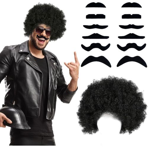 Anwxai-Perruque Hippie Afro Et Moustache,Ensemble De Costume Funk Disco Rock Des Années 70 Et 80 Pour Homme,Carnaval Ou Fêtes À Thème Halloween(Noir)