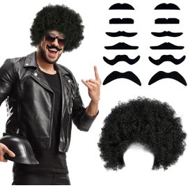 Anwxai-Perruque Hippie Afro Et Moustache,Ensemble De Costume Funk Disco Rock Des Années 70 Et 80 Pour Homme,Carnaval Ou Fêtes À Thème Halloween(Noir)