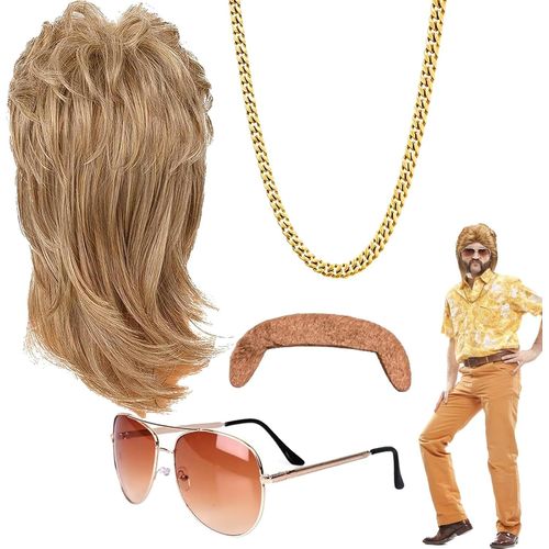 Anwxai-Perruque Mulet Forhome Perruque Annee 80 Homme Miroir Lunettes De Pilote Chaîne Fête De Mauvais Goût Accessoire Soirée À Thème Carnaval