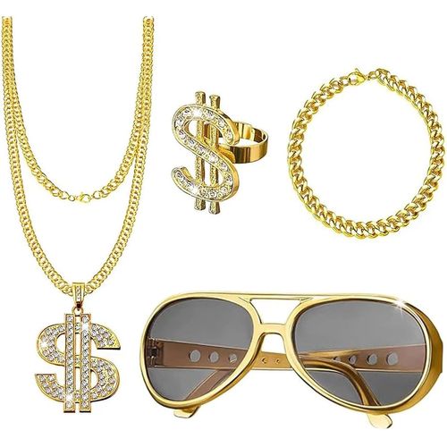Anwxai-Chaine Or Homme De Dollar,4 Pièces Kit De Hip Hop Chaîne Bague Bracelet,Or Collier Homme Rappeur Punk,80s 90s Accessoires Déguisement Pour Carnaval Concerts Party Carnaval Fête