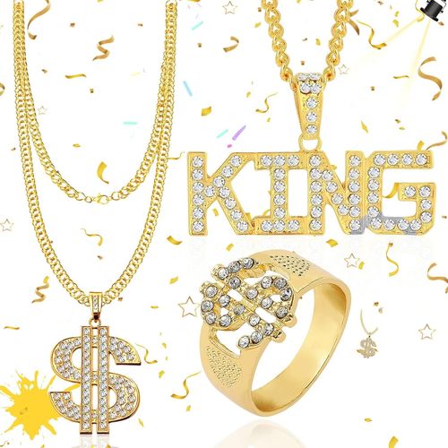Anwxai-3 Pièces Colliers Et Bague Hip Hop,Chaîne Plaqué Or Avec Pendentif Dollar,Chaîne Plaqué De Signe Dollar,Accessoires De Rappeur Des Années 80/90,Pour Hommes Et Femmes