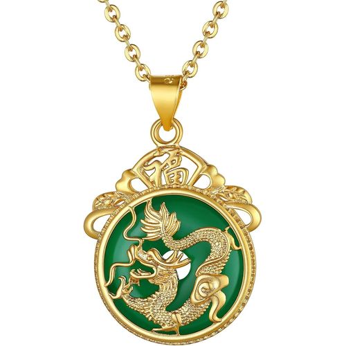 Anwxai-Goldchic Collier Femme Plaque Or Acier Bouddhiste/Tête De Bouddha/Avalokitésvara Pendentif Jade Bonheur/Cerf Fille Religieux Chinois Médaille Amulette Protection Chaine Garcon 20 Pouce 50cm