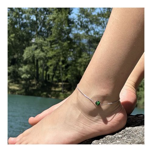 Bracelet De Cheville 1 Perle Oeil De Tigre Vert 8 Mm Chaîne En Acier Fabriqué En France.