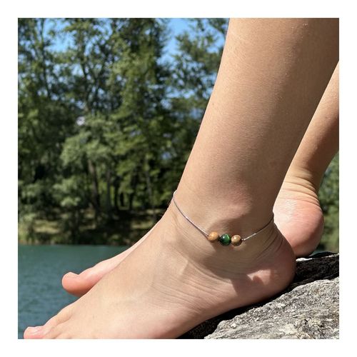Bracelet De Cheville 1 Perle Oeil De Tigre Vert + Bois 8 Mm Chaîne En Fabriqué En France.