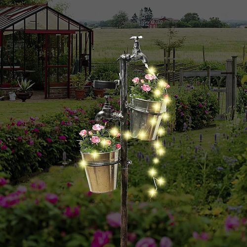 Robinet solaire sur piquet avec lumières LED et jardinières ¿ Décoration extérieure pour jardin, cour, allée et cadeaux