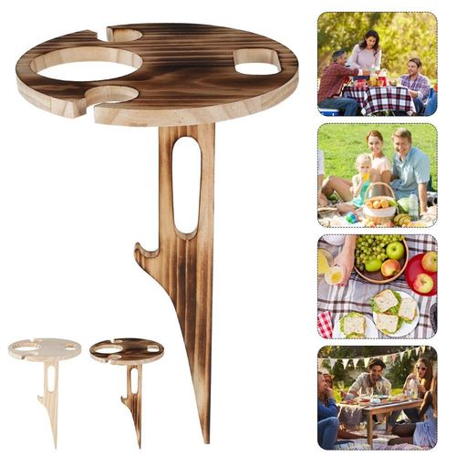 Table À Vin Pliante En Bois Avec Support À Verres Et Pompe À Eau Solaire Pour Pique-Niques En Plein Air Et Décoration De Jardin