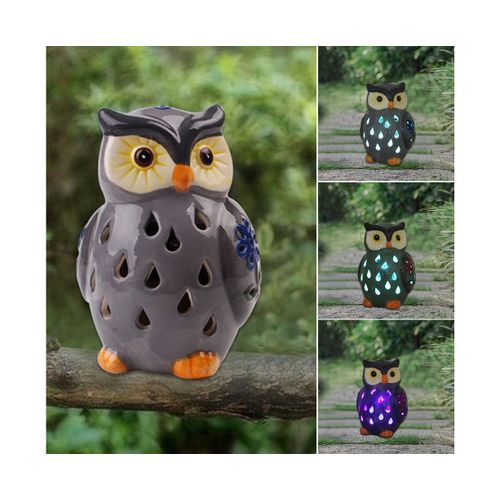 Lampe Solaire En Céramique En Forme De Hibou Pour Décoration De Jardin Extérieur ¿ Bleu Et Violet ¿ Jolie Figurine De Cour