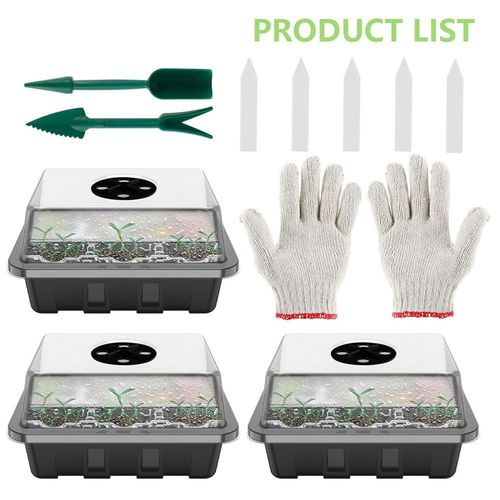 Lot de 3 mini plateaux de semis pour serre avec 12 alvéoles, étiquettes, outils et gants pour une croissance facile des plantes