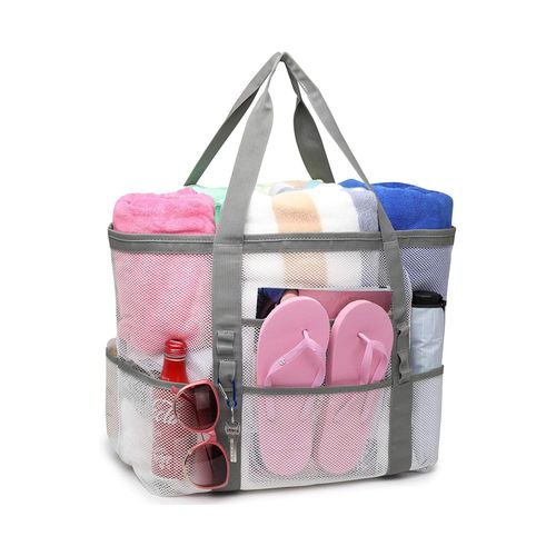 Sac de plage surdimensionné en maille robuste ¿ 69,8 cm ¿ Sac fourre-tout pour serviettes et jouets pour la piscine, les pique-niques et les sorties à la plage en famille ¿ Blanc