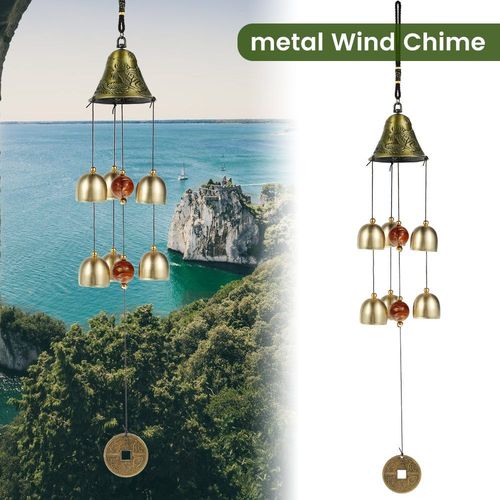 Carillon à vent vintage en métal ¿ 6 carillons irréguliers en alliage pour décoration Feng Shui extérieure, 50 cm, durables et élégants