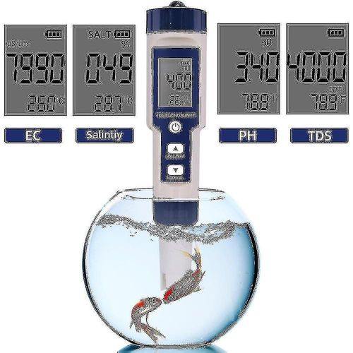Stylo testeur de qualité de l'eau 5 en 1 : pH, TDS, EC, conductivité, salinité et température - Étanchéité IP67