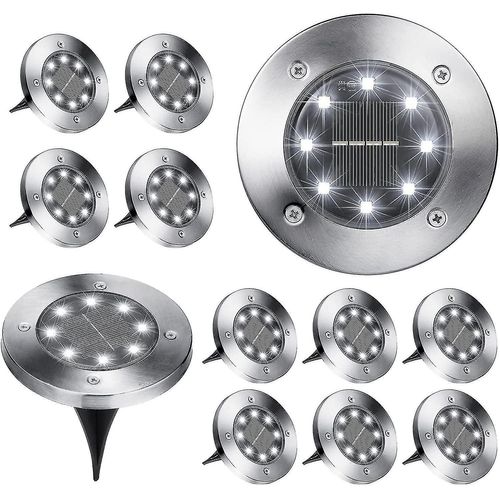 Lot De 12 Lampes Solaires Encastrées ¿ 8 Led Étanches Pour Allée De Jardin, Allumage/Extinction Automatique, Lumière Blanche Froide