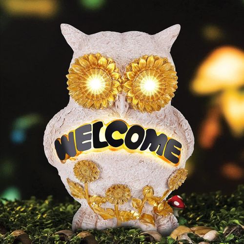 Statue De Jardin Hibou Solaire Avec Panneau De Bienvenue ¿ Résine Écologique, Résistante Aux Intempéries, Capteur De Lumière Automatique, Décoration Extérieure