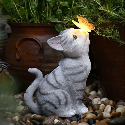 Statue De Jardin Solaire À Led Pour Chat Avec Papillon ¿ Charmante Décoration De Jardin Pour Les Amoureux Des Chats, Résistante Aux Intempéries