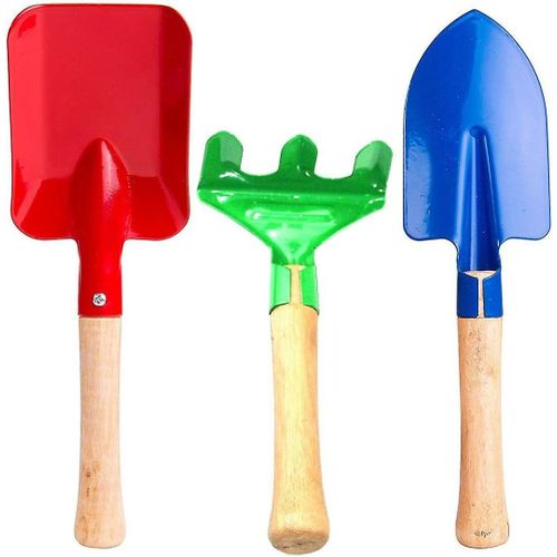 Ensemble d'outils de jardinage pour enfants - 3 pièces : pelle, râteau et truelle avec manches en bois - Sûr, léger et coloré pour les 3 à 13 ans