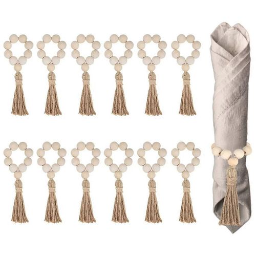 12PCS Ronds de serviette en bois naturel de perles avec glands Porte-serviettes pour Noël Ferme Mariage Maison Table Décor