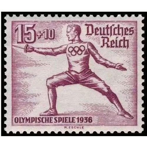 Allemagne, 3ème Reich 1936, Très Beau Timbre Neuf** Luxe Yvert 570, Jeux Olympiques De Berlin, Escrime, 15 Pf. Lilas Brun, Filigrane Croix Gammées, Cote 30 Euros.