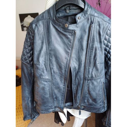 Blouson Moto Femme En Cuir Bleu,Gris.
