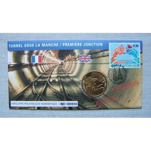 Enveloppe Officielle Timbre Et Medaille Monnaie De Paris " 1er Jour D'Émission " Tunnel Sous La Manche / Première Jonction