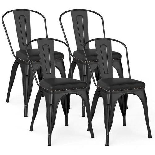 Lot 4 Chaises À Manger Empilables En Métal - Costway - Dossier Amovible - Assise Rembourrée En Cuir Faux - 53 X 44 X 84 Cm Noir