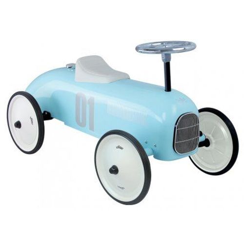 Porteur Voiture Metal Bleu Tendre, 18-36 mois - Voiture de course Racer Vintage, Retro - Bebe, Enfant - Set Vehicule et Carte